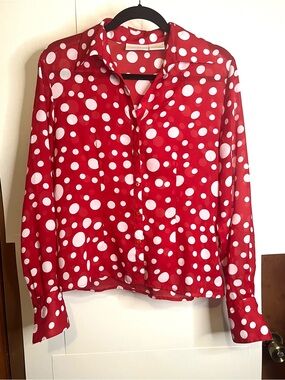 Christie & Jill (VTG 8) Red & White Semi-sheer Polyester Blouse